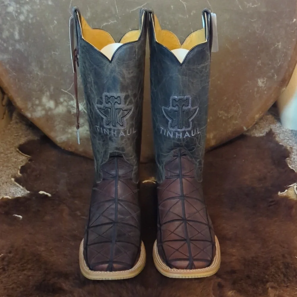 TIN HAUL "Derrick" Brown & black charcoal leather square toe cowboy boots sz 8EE - Picture 9 of 12